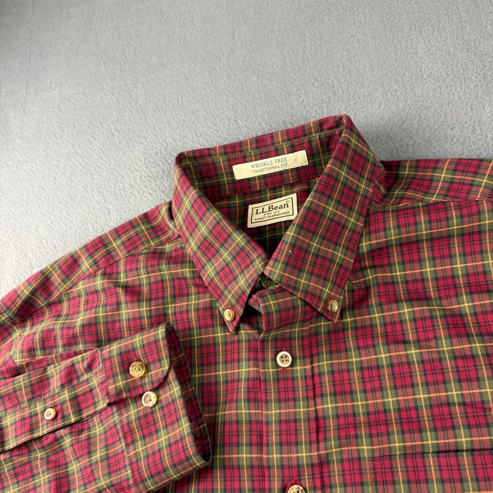 LL Bean Shirt Men's XL Red Plaid Wrinkle Free Traditional Fit Button Down OCBD